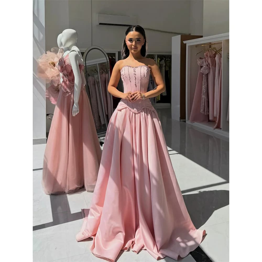 EDECPBM Satin Strapless Pink A-Line Evening Dress 2026 Prom Dress Elegant Luxury Formal Beading Customized Robes de Soirée