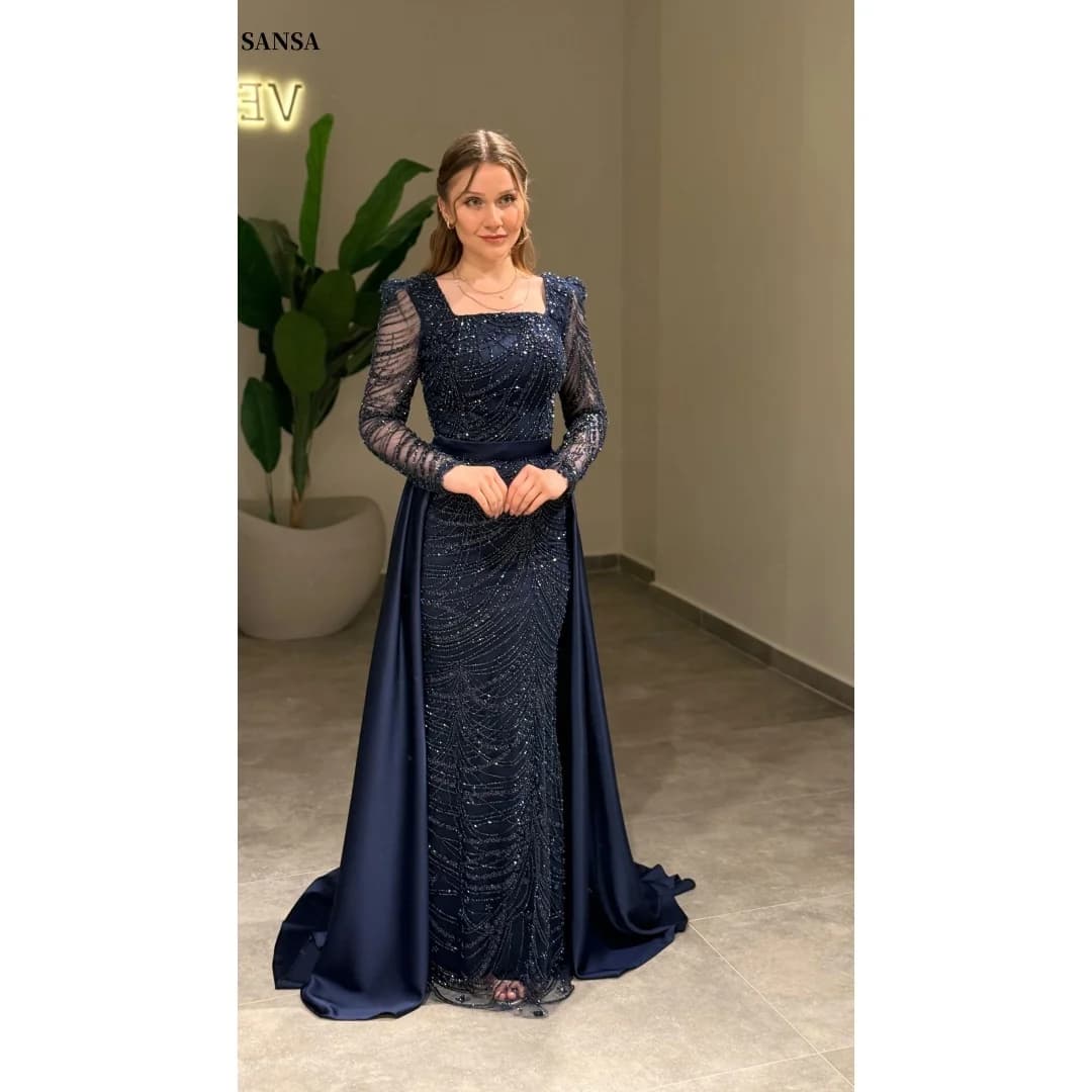 Sansa Customized Beaded Navy Blue Prom Dresses Square Collar فساتين للمناسبات الخاصة Trailing vestidos de f