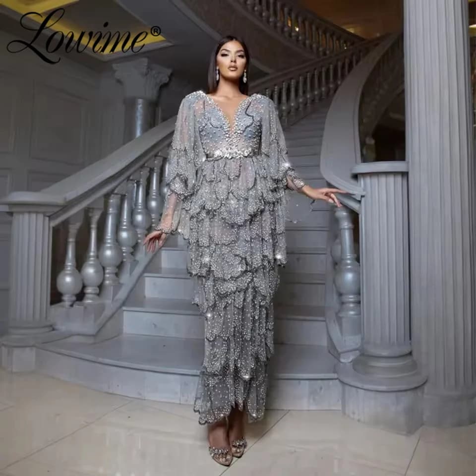 Exquisite Pink Gray Layered Full Beaded Crystals Evening Dress Customized Puff Sleeve Party Gowns Dubai Arabic Prom Dresses Robe