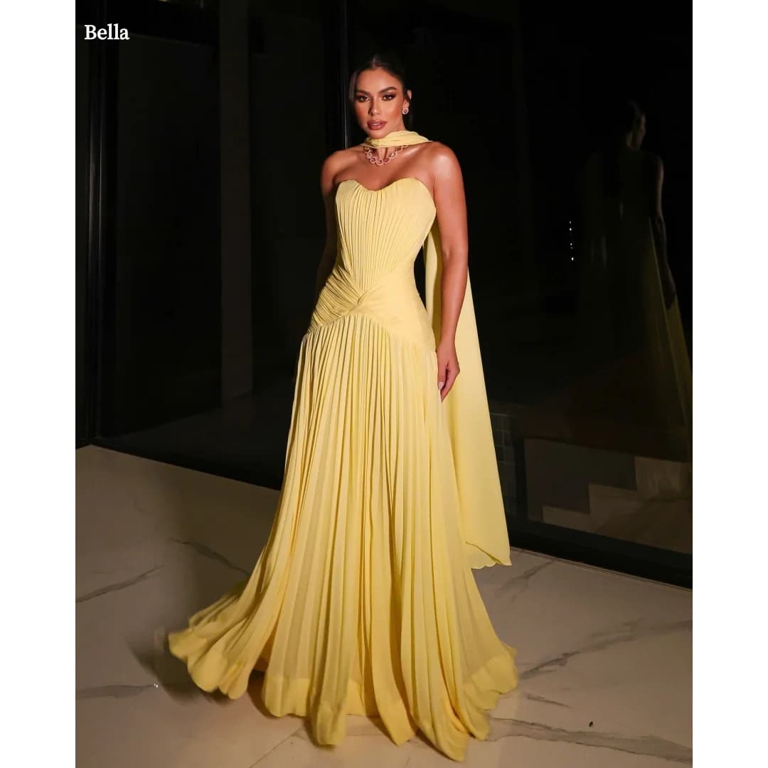 Bella Customized Yellow Strapless Pleated Ruched Bodice Cape Elegant Fitted Flowy Maxi Skirt Party Dresses robes de soirée 2025