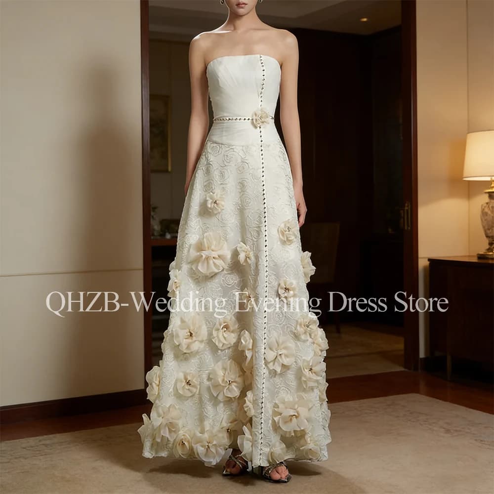 Customized 3D Flowers Elegant Long Evening Dresses for Special Occasions Strapless Floor-Length A-Line Women Prom Party Gowns