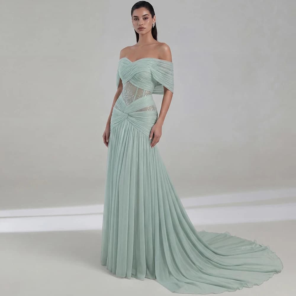 Elegant Chiffon Evening Dress Exquisite Sweep Train Prom Dresses Fashion Off the Shoulder Customized Special Occasion Gowns