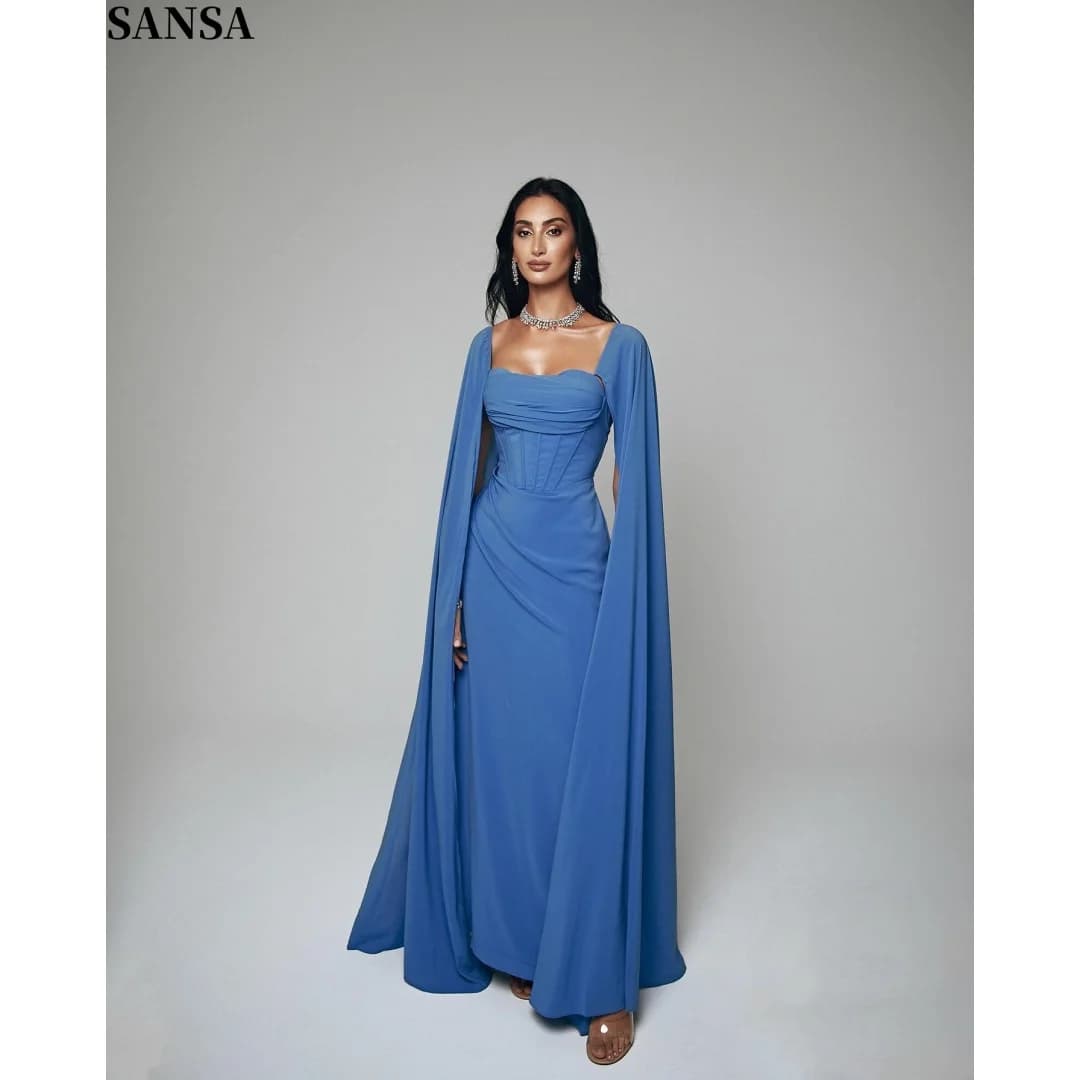 Sansa Customized Periwinkle Blue Sweetheart Corset Formal Gown Draped Waist Flowing Wide Cape Sleeve Floor Length Prom Dress