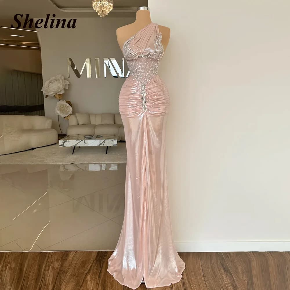 Shelina Stylish One-shoulder Evening Dress Rhinestones Ruched Sleeveless Leather Mermaid Birthday Vestido De Noche Customized