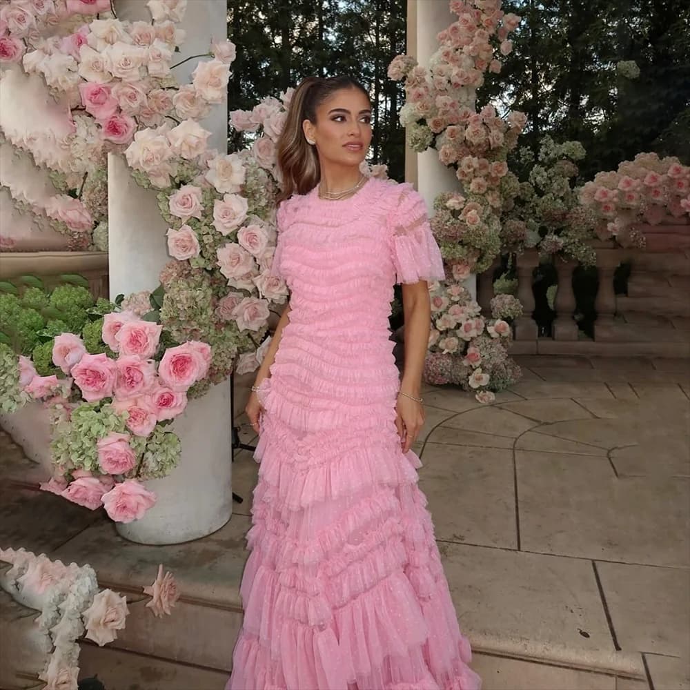 Pink Formal Dress Long O-Neck Short Sleeves A Line Pleat Tiered Evening Gowns Floor Length Wedding Party Dresses Customized