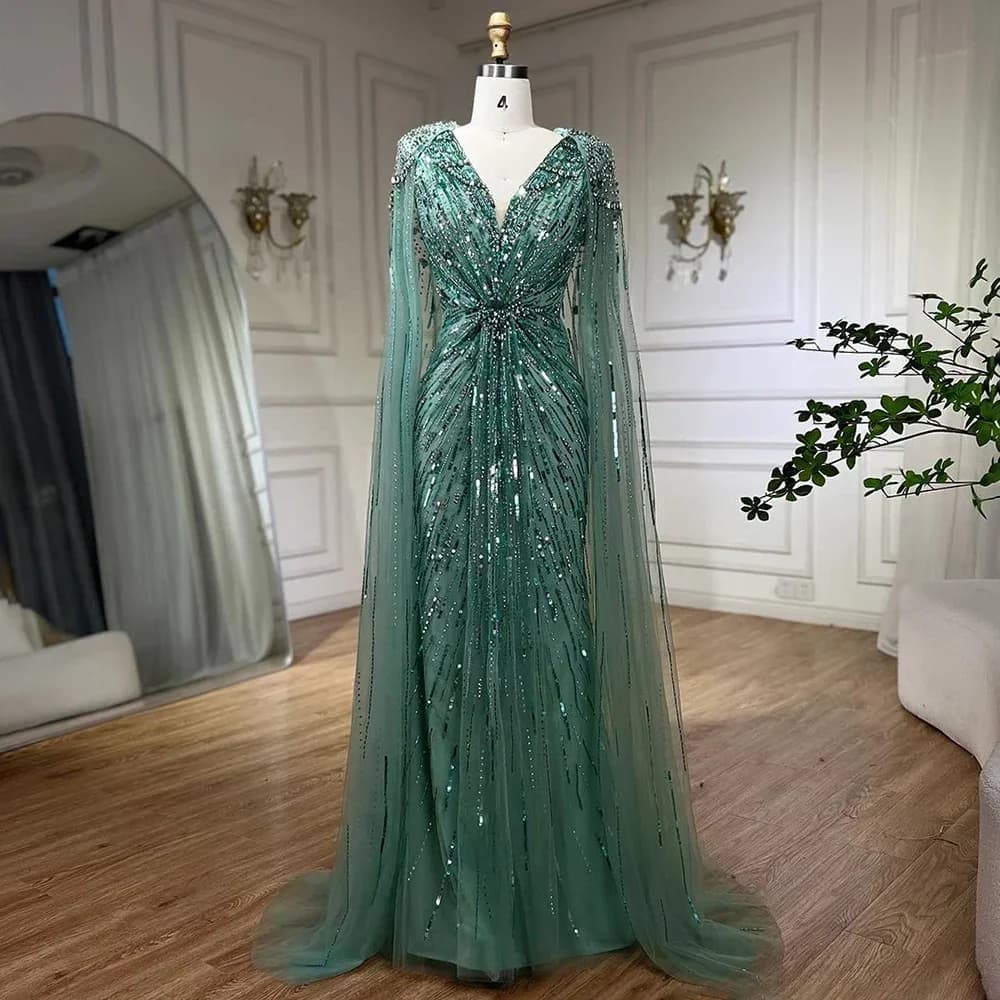 Serene Hill Turquoise Mermaid Evening Dresses Gowns 2025 with Beaded Cape Sleeves Design Customize Wedding Party BLA72168A