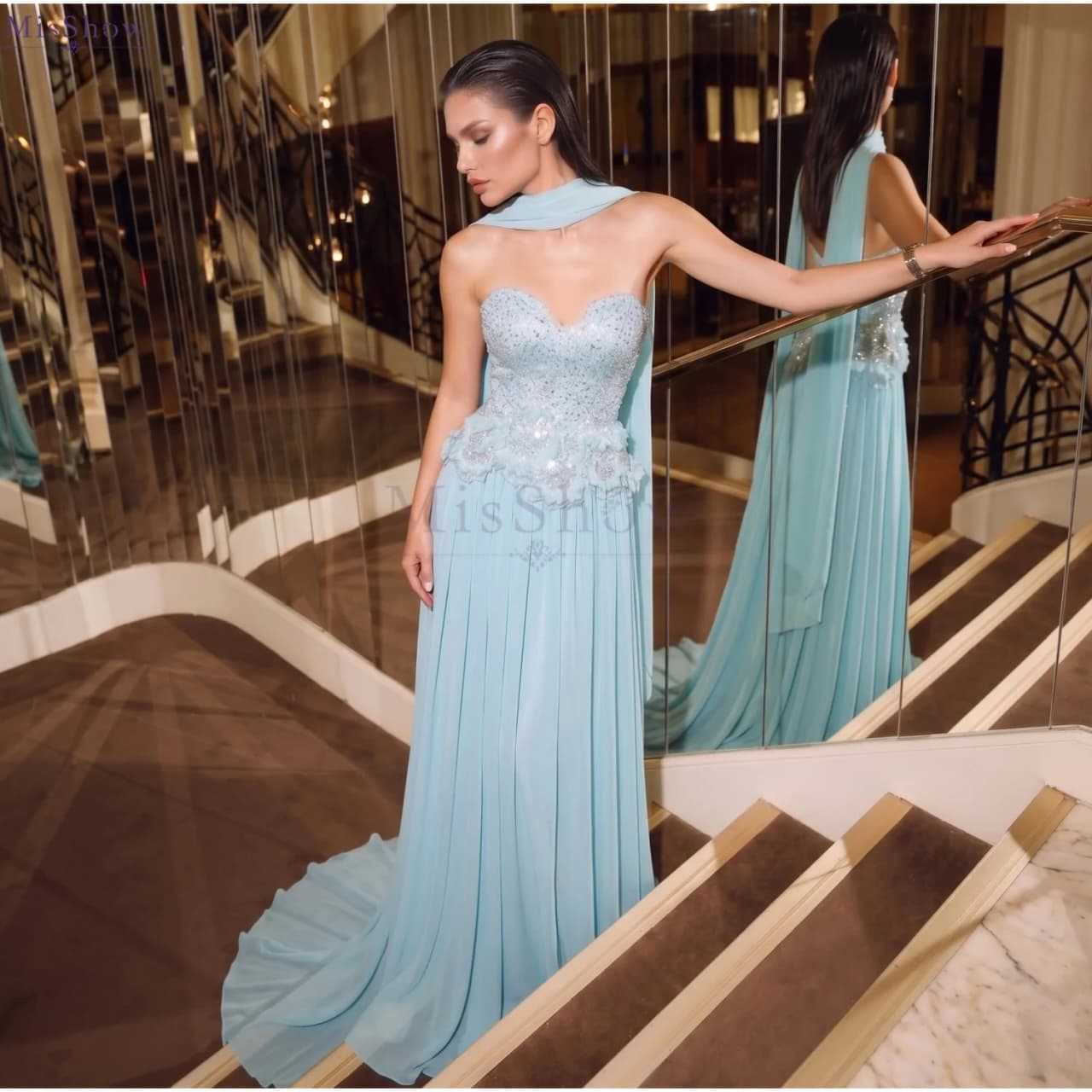 MisShow Aqua Sweetheart Evening Dress Strapless Sequins Beaded Ruffled Waist A-Line Prom Dress Customized Formal Party Gowns