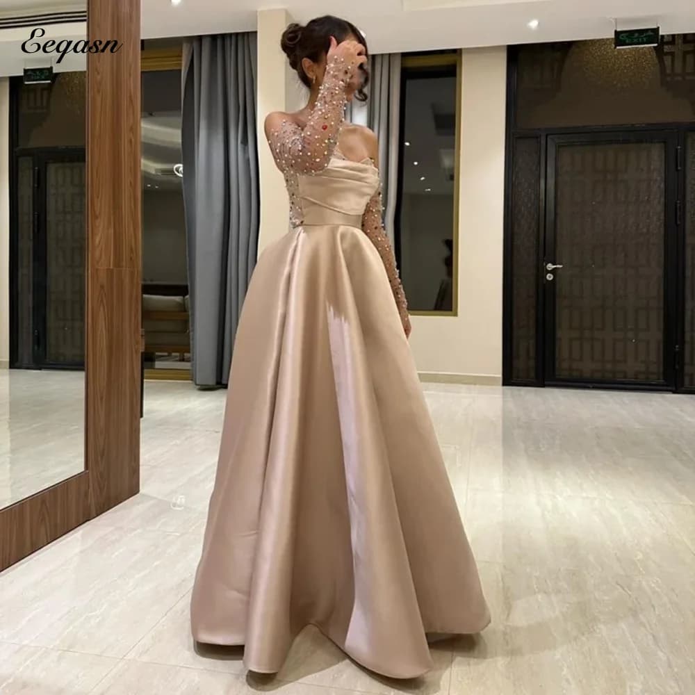 Beaded Long Sleeve Evening Dresses Strapless A Line Satin Prom Dress Saudi Arabia Wedding Party Gown Luxurious Customized