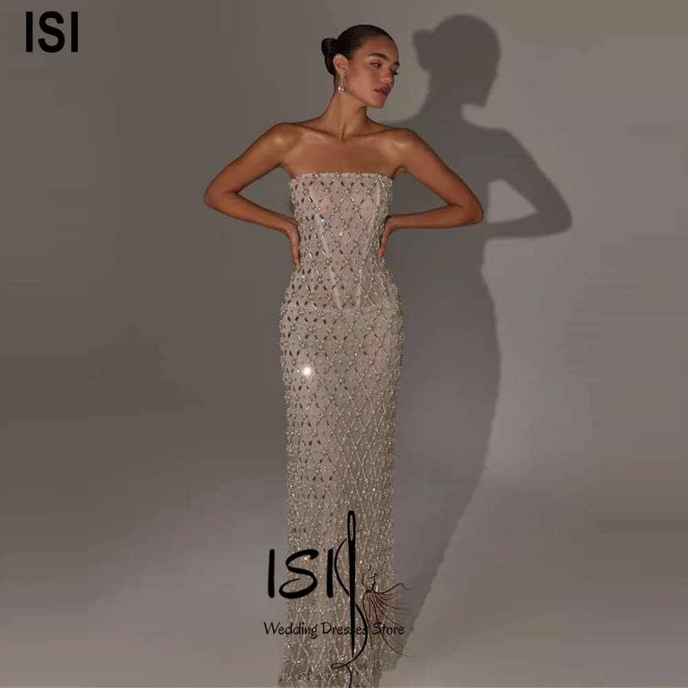 ISI Delicate Rhinestones Strapless Evening Dress Pleat  Mermaid Lacing up Special Occasion Gown Vestidos De Gala Customized