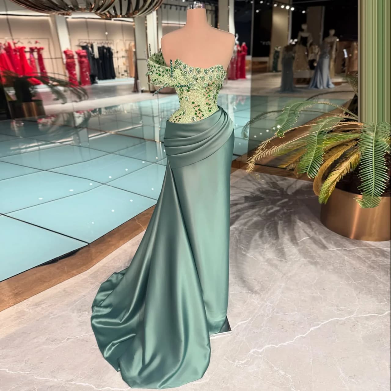 Elegant Light Green One Shoulder Evening Dress Mermaid Sleeveless Birthday Party Dress Crystal Lace Celebrity Dress Customized