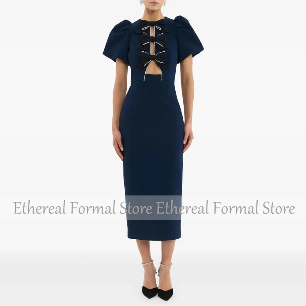 Modern Custom Women's Evening Gown Sheath Ankel Length Formal Party Dress O Neck Saudi Dress Short Sleeves Bow Prom Dress