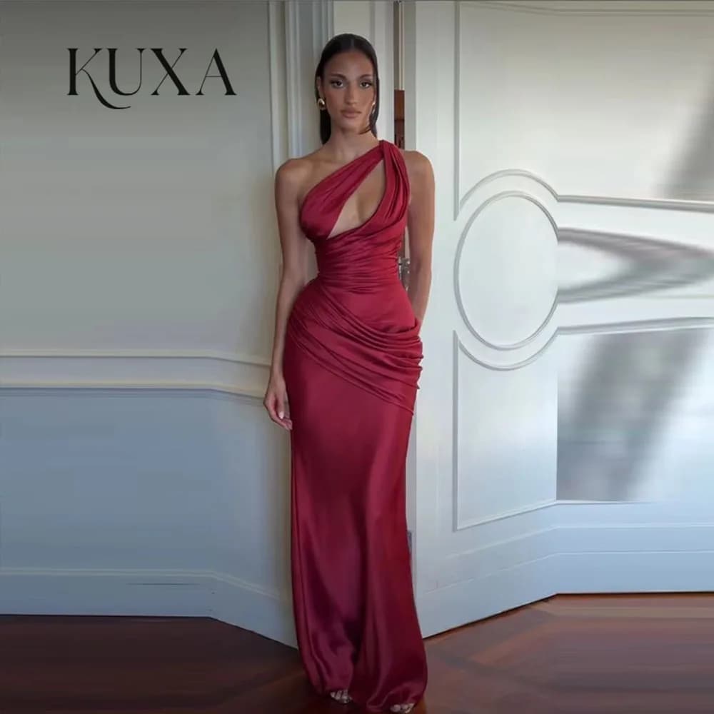 KUXA Burgundy Satin Evening Dresses Formal Scalloped Backless Mermaid Prom Gowns One Shoulder Floor Length Dress Customized 2026