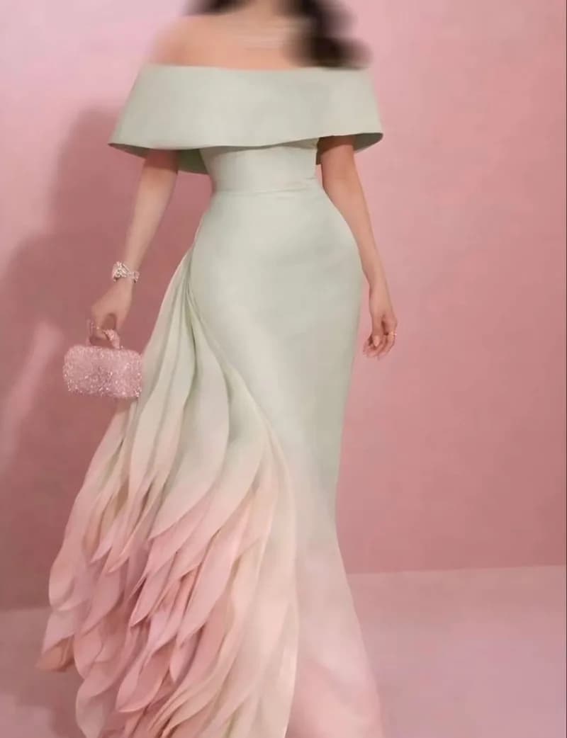 Customized Boat Neck Short Sleeve Court Train Layers Gradient Color Evening Dresses