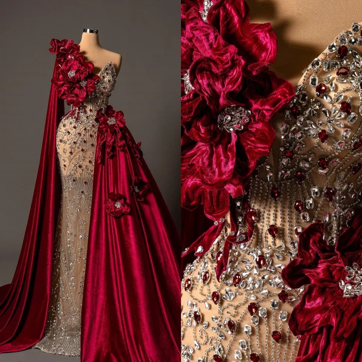 Exquisite Crystal Evening Dresses One Shoulder Beading Prom Gown Detachable Train Illusion Mermaid Customized Vestidos De Noche