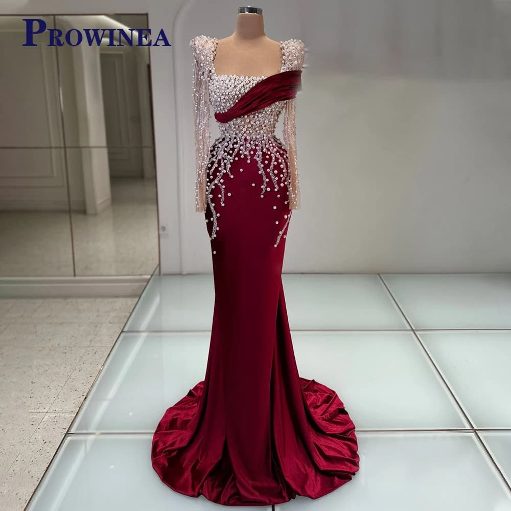 Prowinea Glamorous Square Collar Evening Dress for Women Long Sleeves Pleat Trumpet Satin Beads Robes De Soiree Customized
