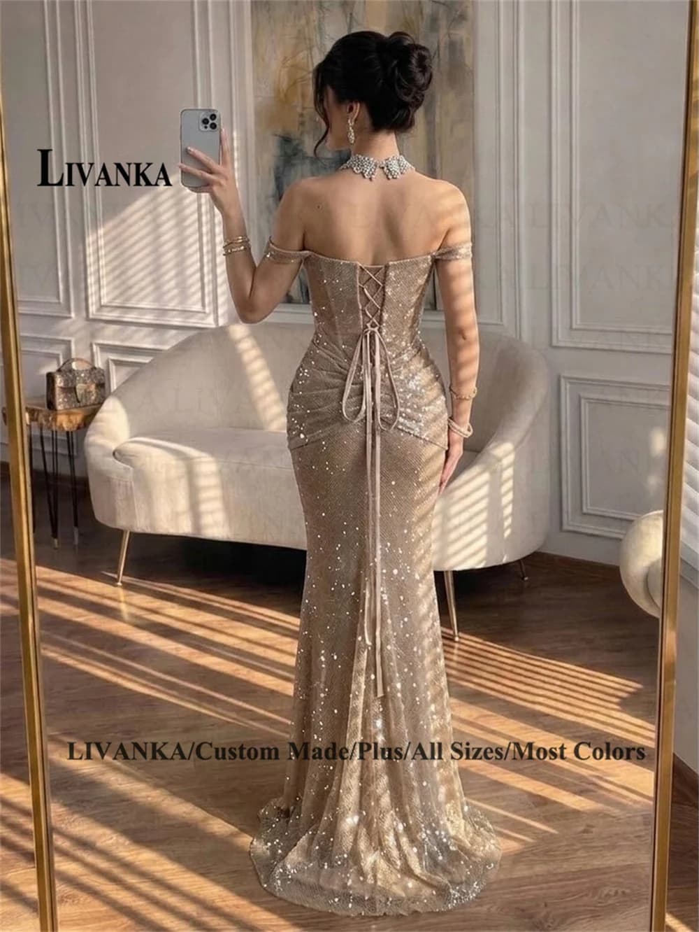 LIVANKA Glitter Mermaid Evening Dress for Woman Pleat Off the Shoulder Rhinestones Saudi Arabric Vestidos De Fiesta Customized