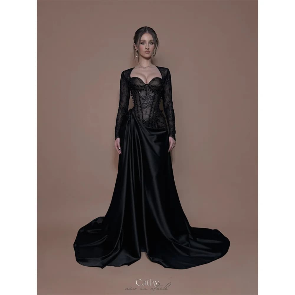Cathy Customized Black Lace Long Sleeves Prom Dress Elegant Asymmetrical A-line vestidos de noiva Court Train Formal Evening