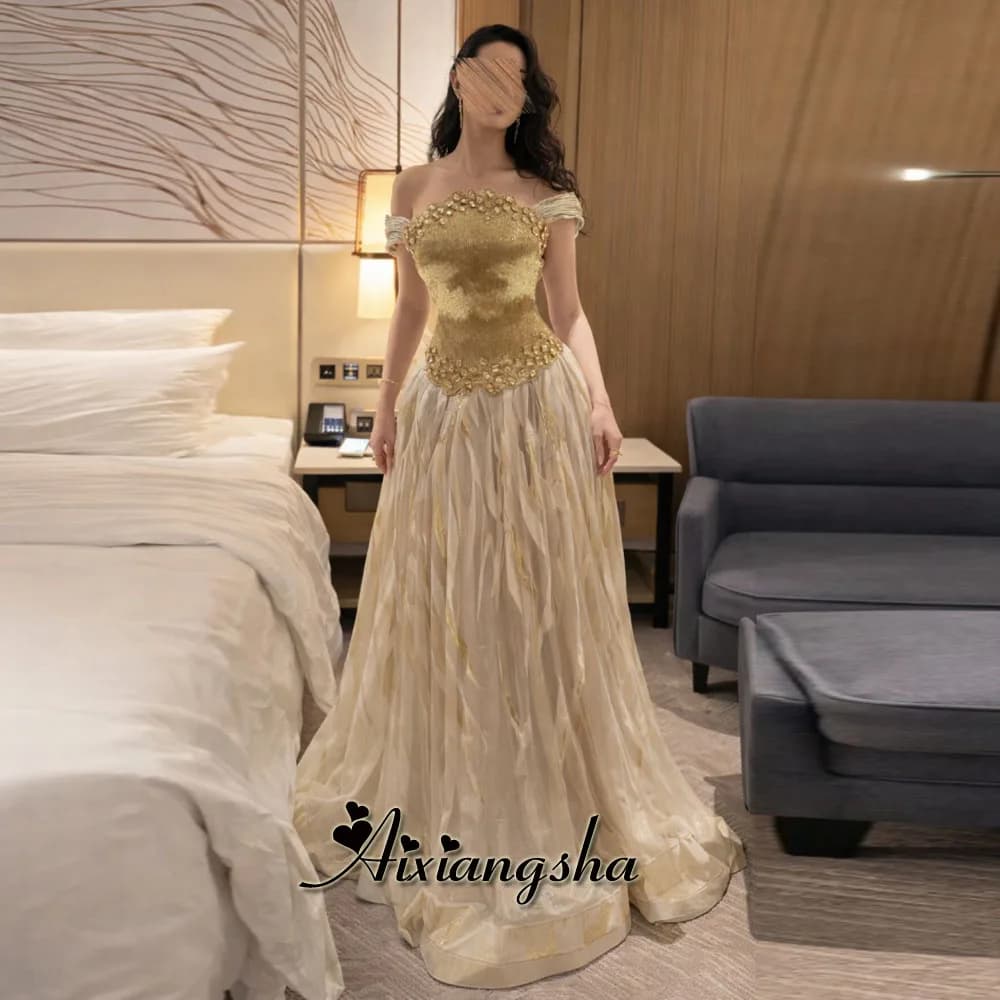 Aixiangsha Stylish Evening Dresses with Rhinestones A-line Off the Shoulder Sequined Party Gown Vestidos De Fiesta Customized