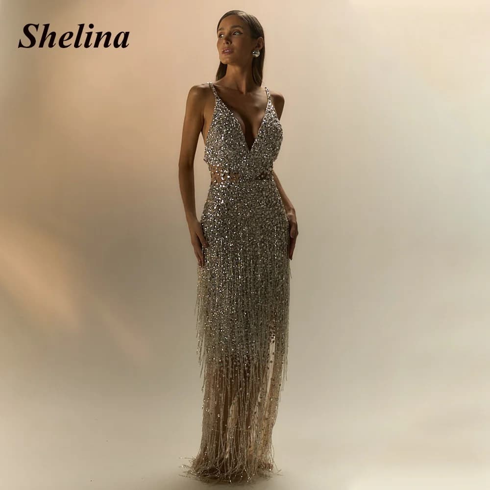 Shelina Exquisite Tassel Evening Dress Rhinestones Spaghetti Strap Backless Pageant Party Gown Vestidos De Gala Customized
