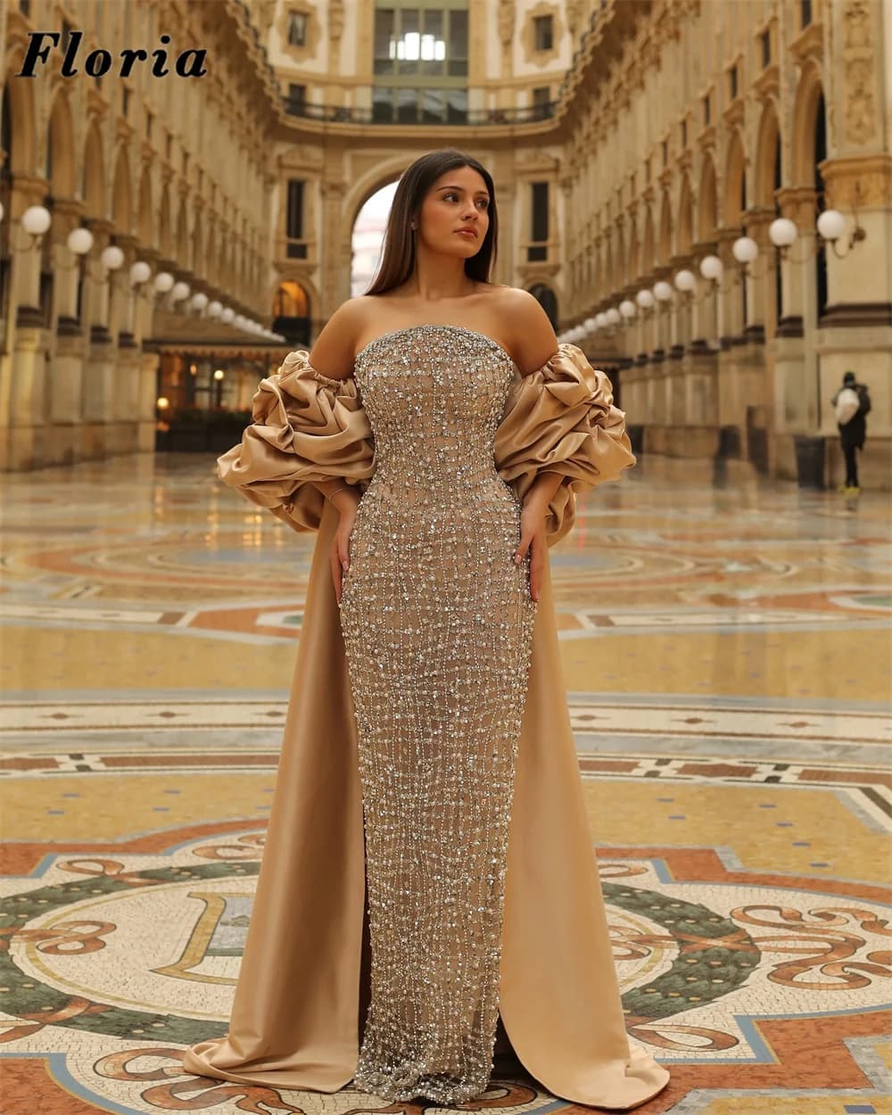 Charming Strapless Beading Evening Dresses Two Pieces Ruffles Cloak Women Prom Dress Pearls Long Birthday Party Dress Customized