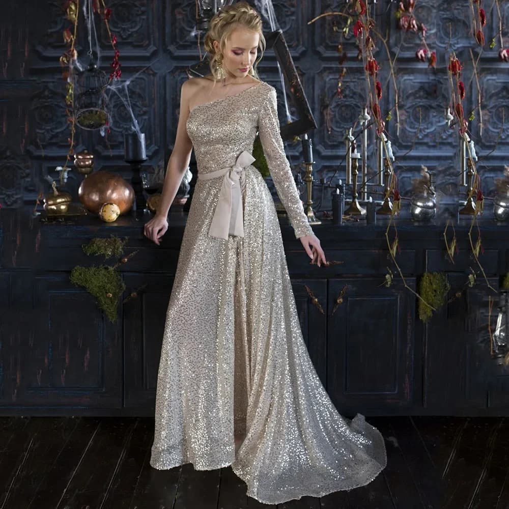Vintage Sequin One Shoulder Sleeve Evening Dress Belt Women Formal Party Prom Gorgeous Floor Length Dresses فساتين السهرة