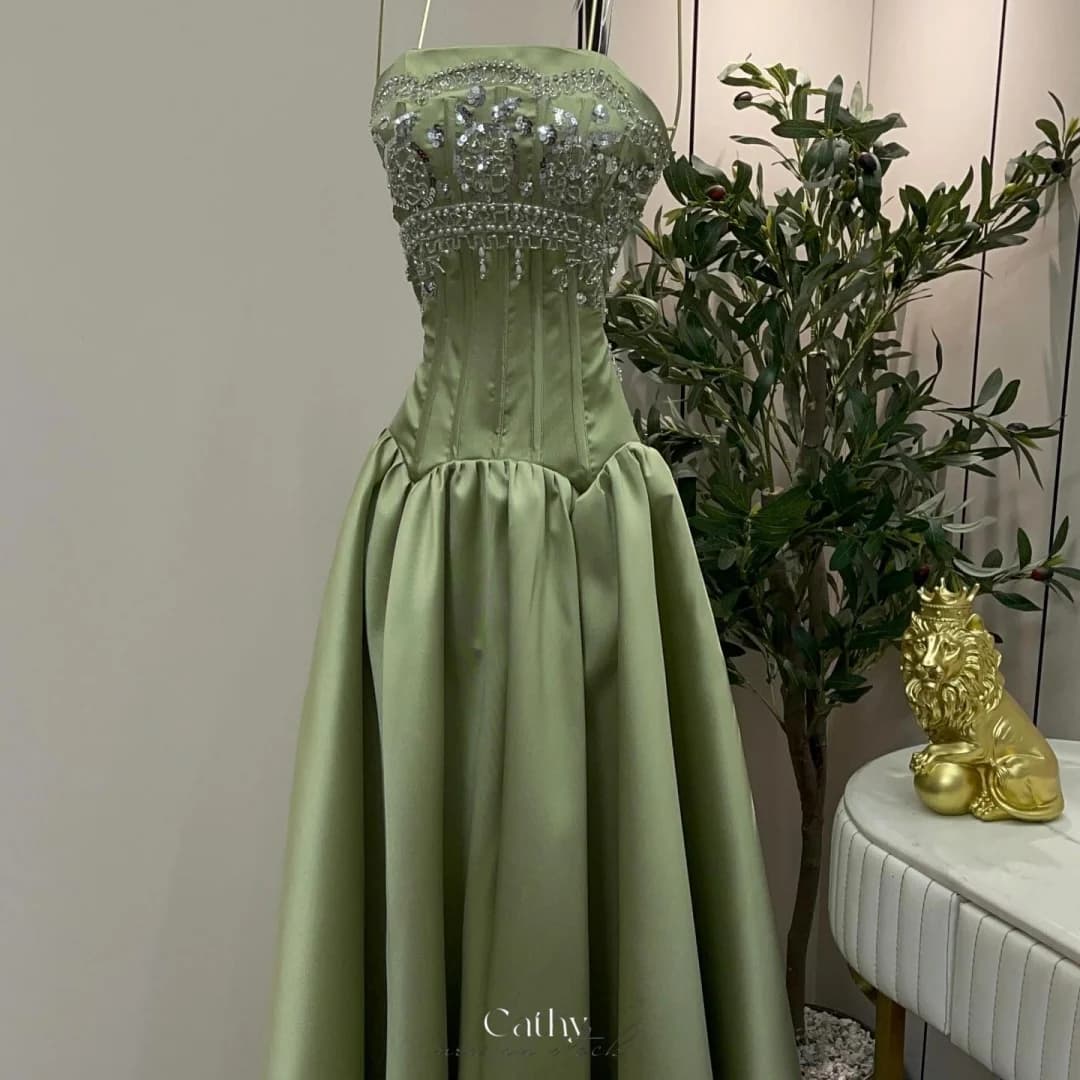 Cathy Customized Green Strapless Luxury Beading Prom Dress Stain A-line vestidos de noche Lace-up Back Floor-Length Formal 2026