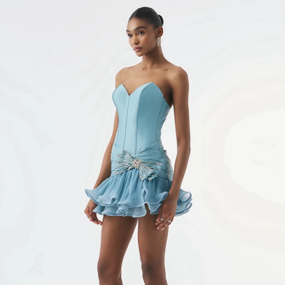 Chic Strapless Satin Mini Dress Women Sweetheart Bow Crystals Party Dress Ruffled Hem Sequin Cocktail Prom  Gowns Sleeveless