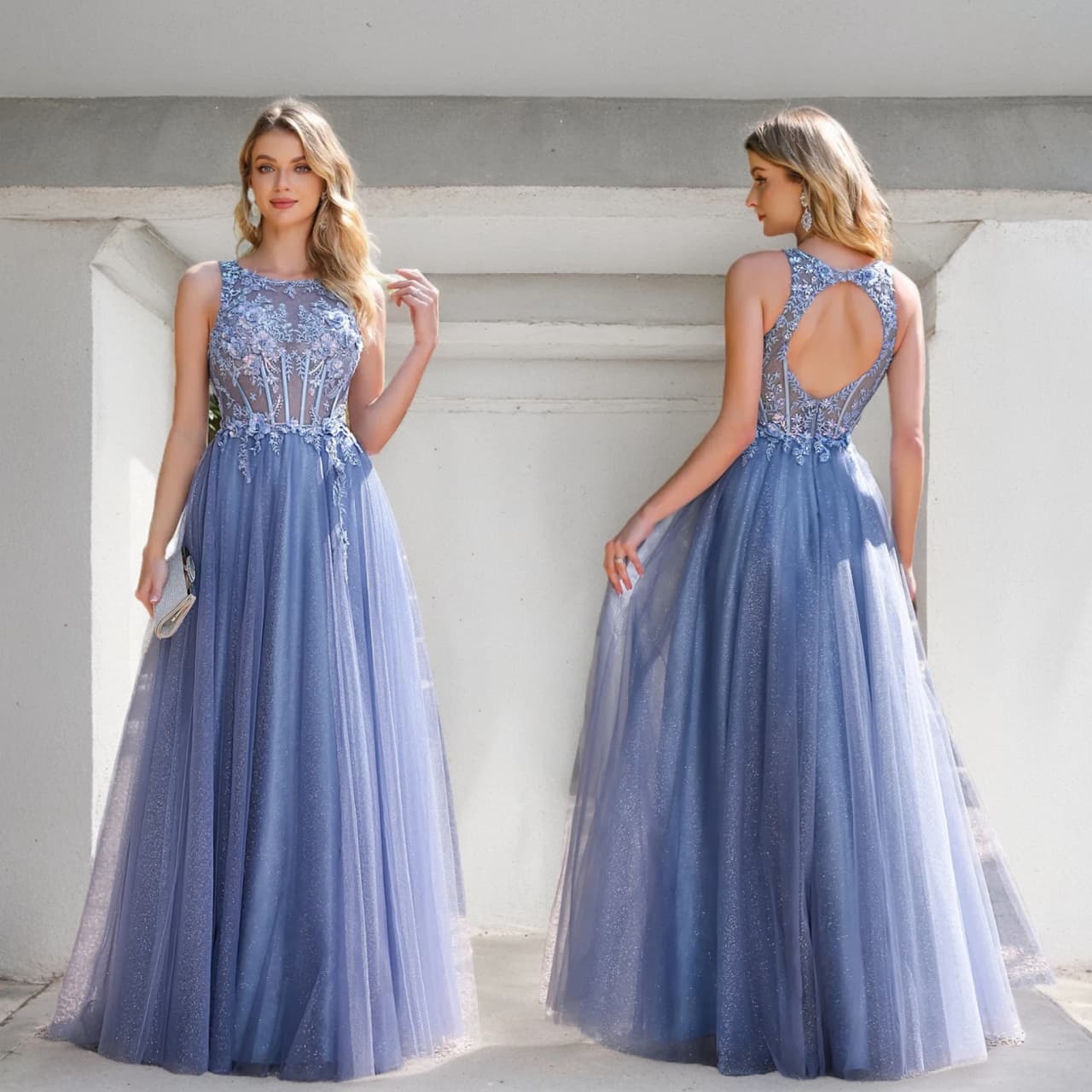 Shiny Dusty Blue Evening Dress Illusion Floral Lace Appliques O-Neck Open Back Halter Prom Dresses Sparkling Tulle A-Line Gowns