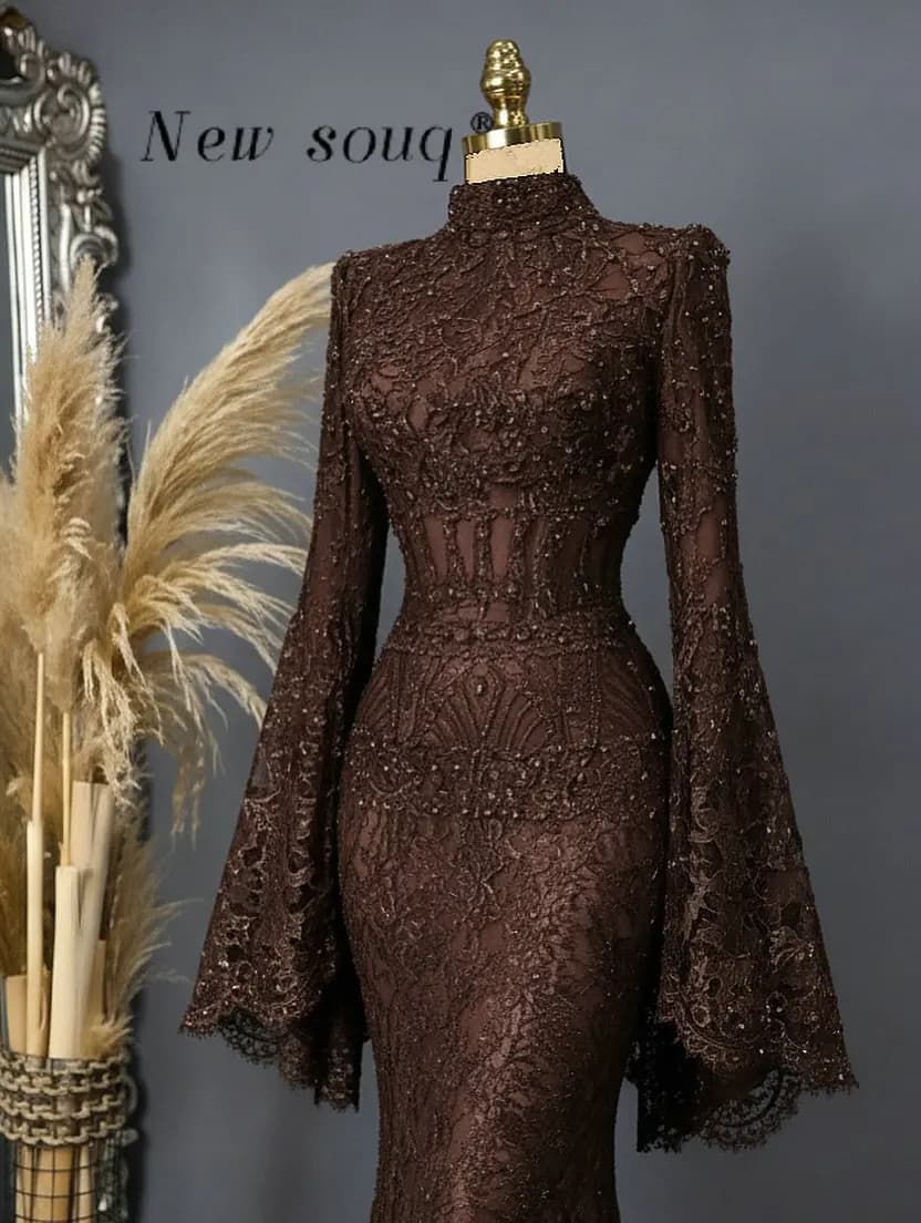 Chocolate Mermaid Lace Muslim Evening Dresses Bell Long Sleeve High Neck Ramadan Modest Prom Gowns for Weddings Customized