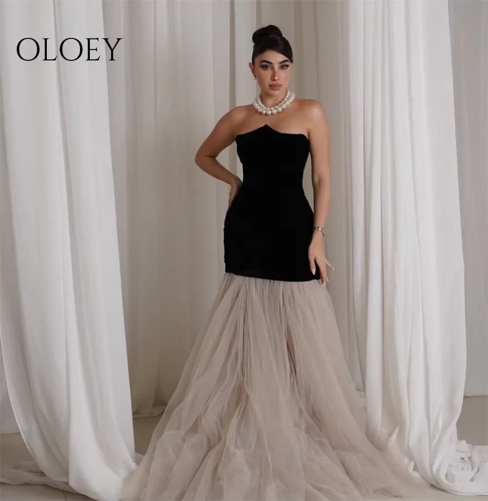 OLOEY Charming Black Contrast Color Evening Dress Strapless Mermaid with Illuision Tulle Wedding Party Dresses Formal Prom Gown