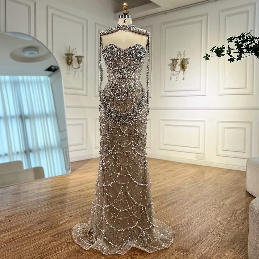 2025 Customized Nude   Evening Dresses With Beaded Tassel And Detachable Fringe Short Cape For Formal Occasion LA72876