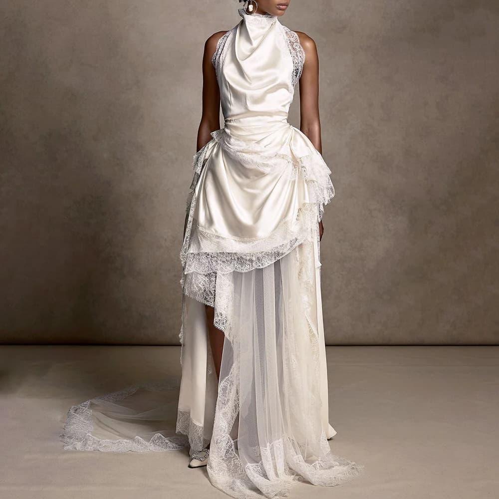 Elegant Asymmetrical High Neck Lace Wedding Dress with High Slit Illusion Sleeveless Floor-length Bridal Gown Custom Made