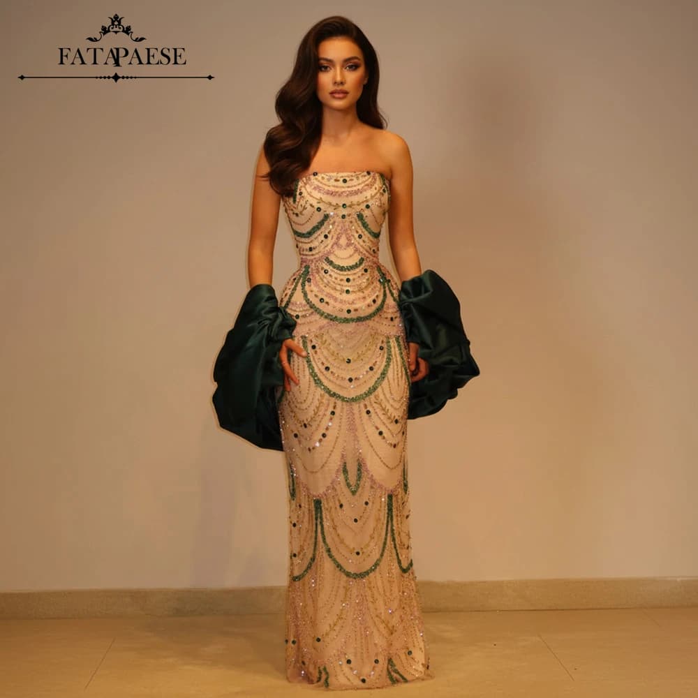 FATAPAESE Glitter Stones Sequins Luxury Evening Dresses 2026 Sexy Strapless Evening Gowns Chic Prom Dress with Cape for Wedding