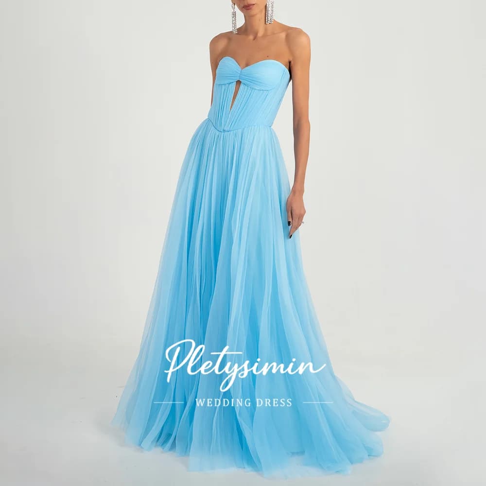 Stunning Strapless Tulle Evening Dresses Pleated Bodice Elegant A-Line Prom Gown for Women Formal Wedding Party Dress Customized
