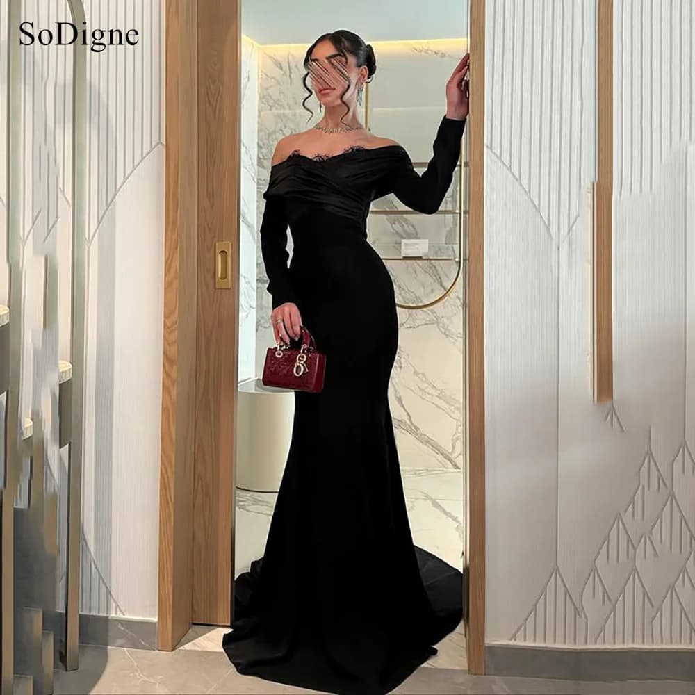 SoDigne Elegant Black Evening Dresses Lace Off The Shoulder Full Sleeves Party Dress Mermaid Formal Prom Gowns Customized