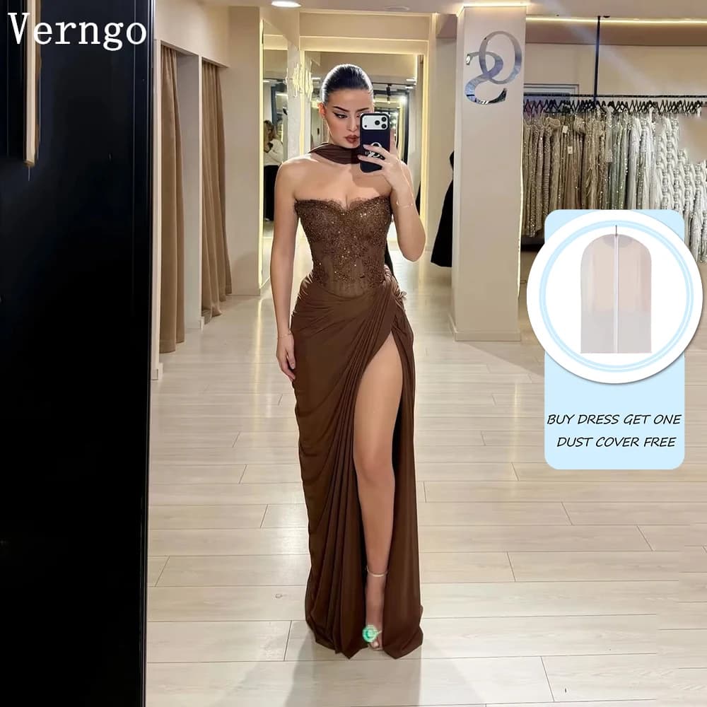Verngo Brown Chiffon Evening Dress Sequined Strapless Mermaid Side Slit Prom Gowns Women Modern Party Dress Customized