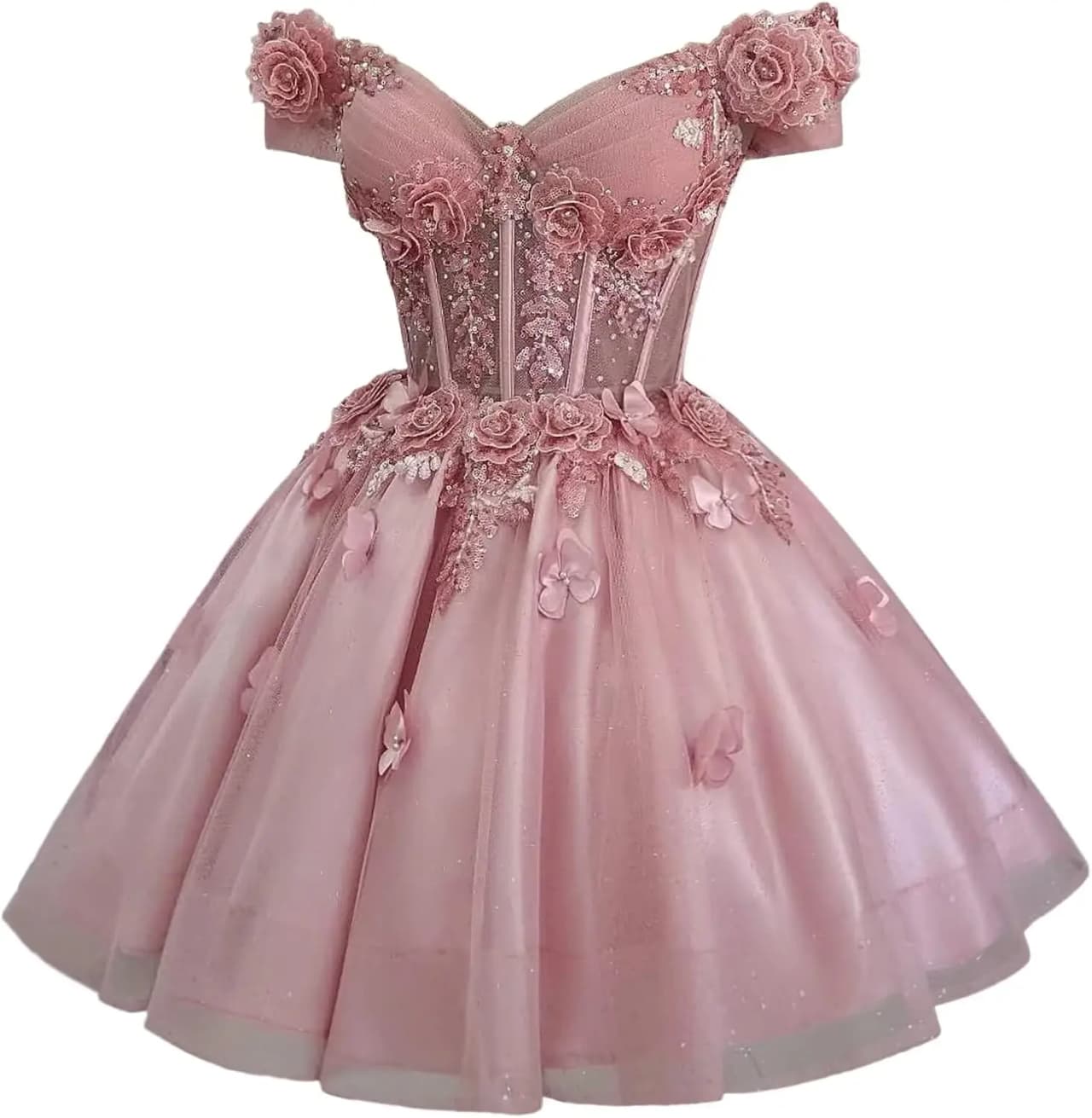Yifanier Sparkly Tulle Homecoming Dresses for Teens Off Shoulder DAMA Dresses for Quinceanera 3D Butterfly Short Ball Gown