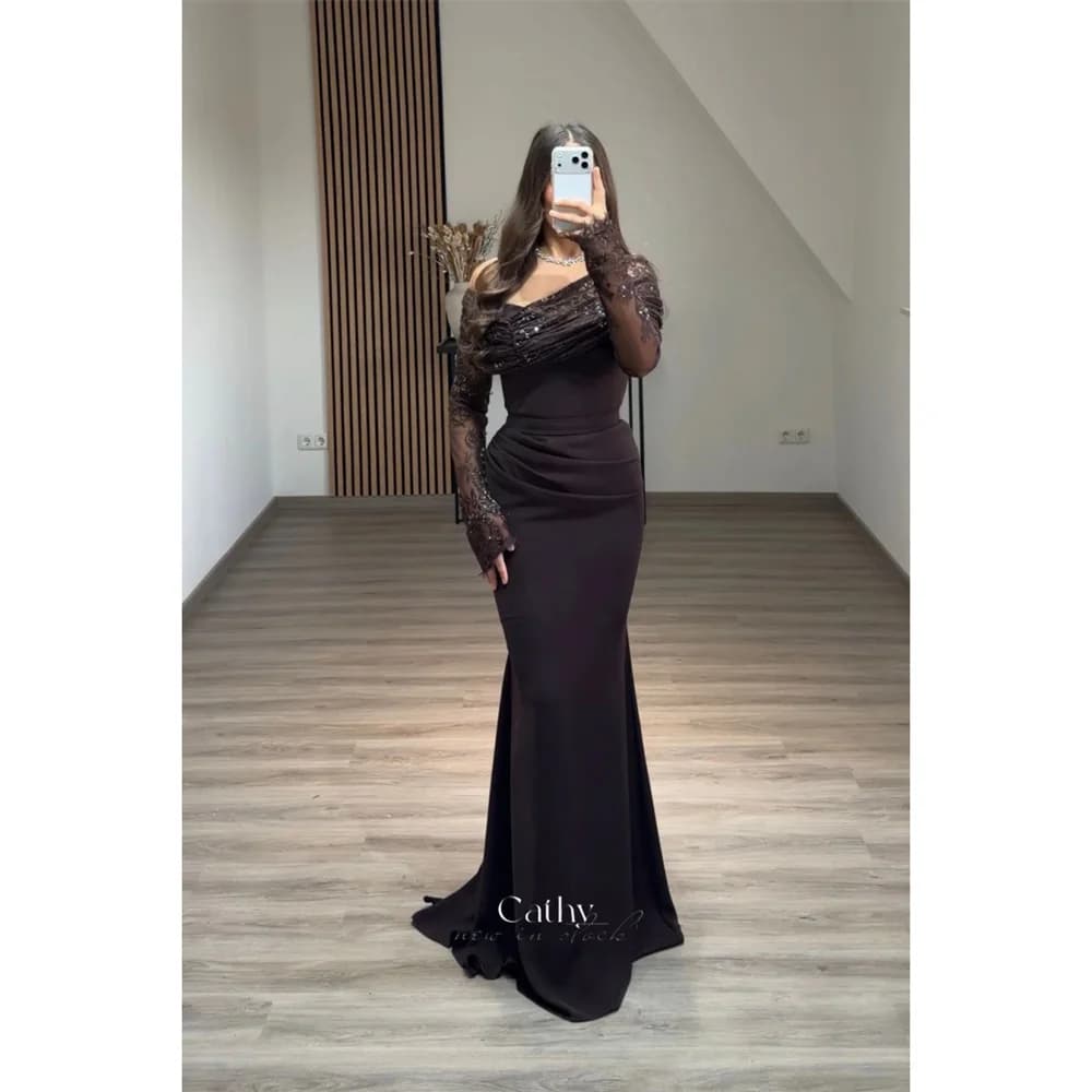 Cathy Customized Chocolate Brown Lace Off the Shoulder Prom Dress Mermaid Long Sleeve vestidos de noiva Floor-length Formal 2025