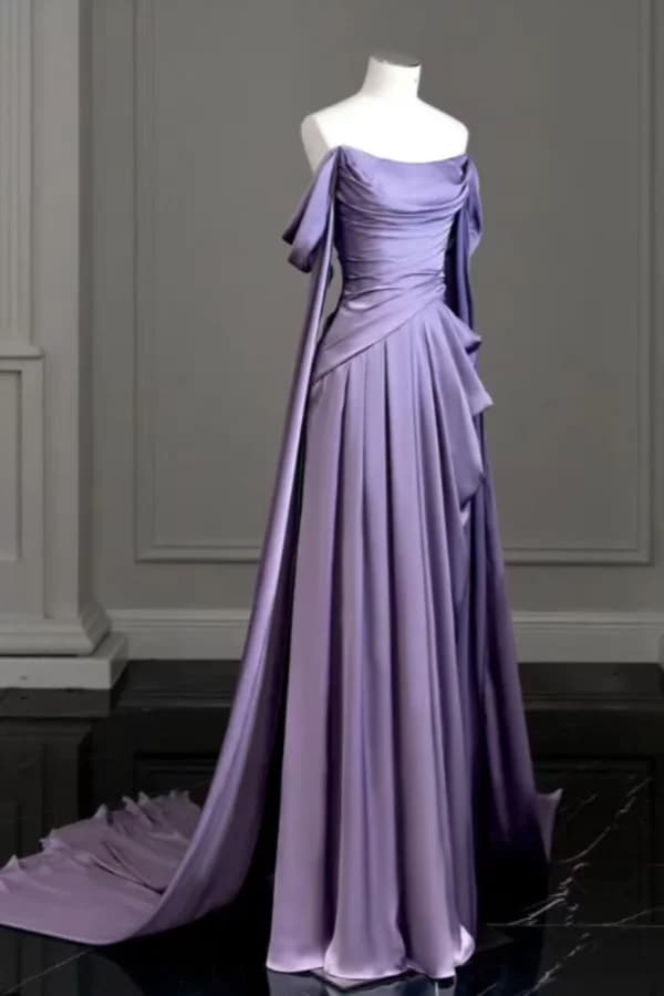 Customized Purple Evening Dresses Off-The-Shoulder Pleated Long Prom Gowns With Trailing On Both Sides Ruffles A Line Satin