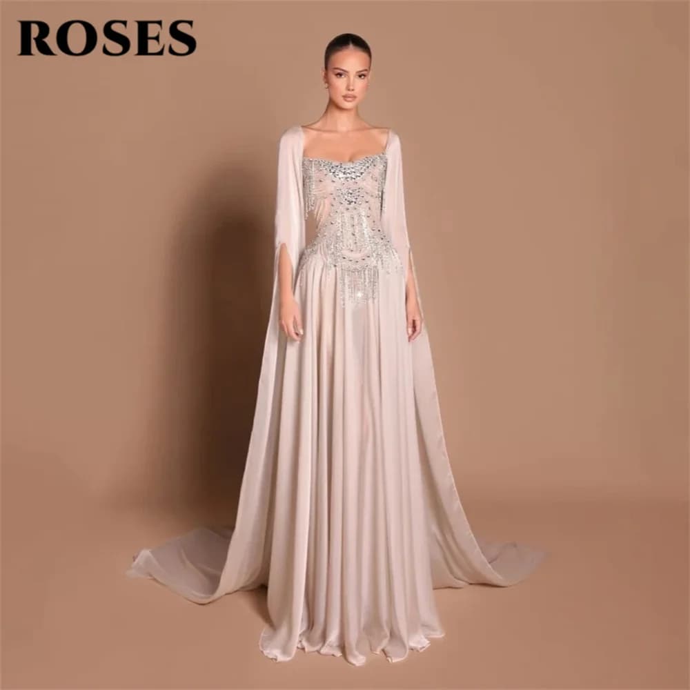 ROSES Beige Party Dresses Off the Shoulder Long Sleeve Evening Dresses Beaded Bodice Party Gown Prom Gown for Women Customized