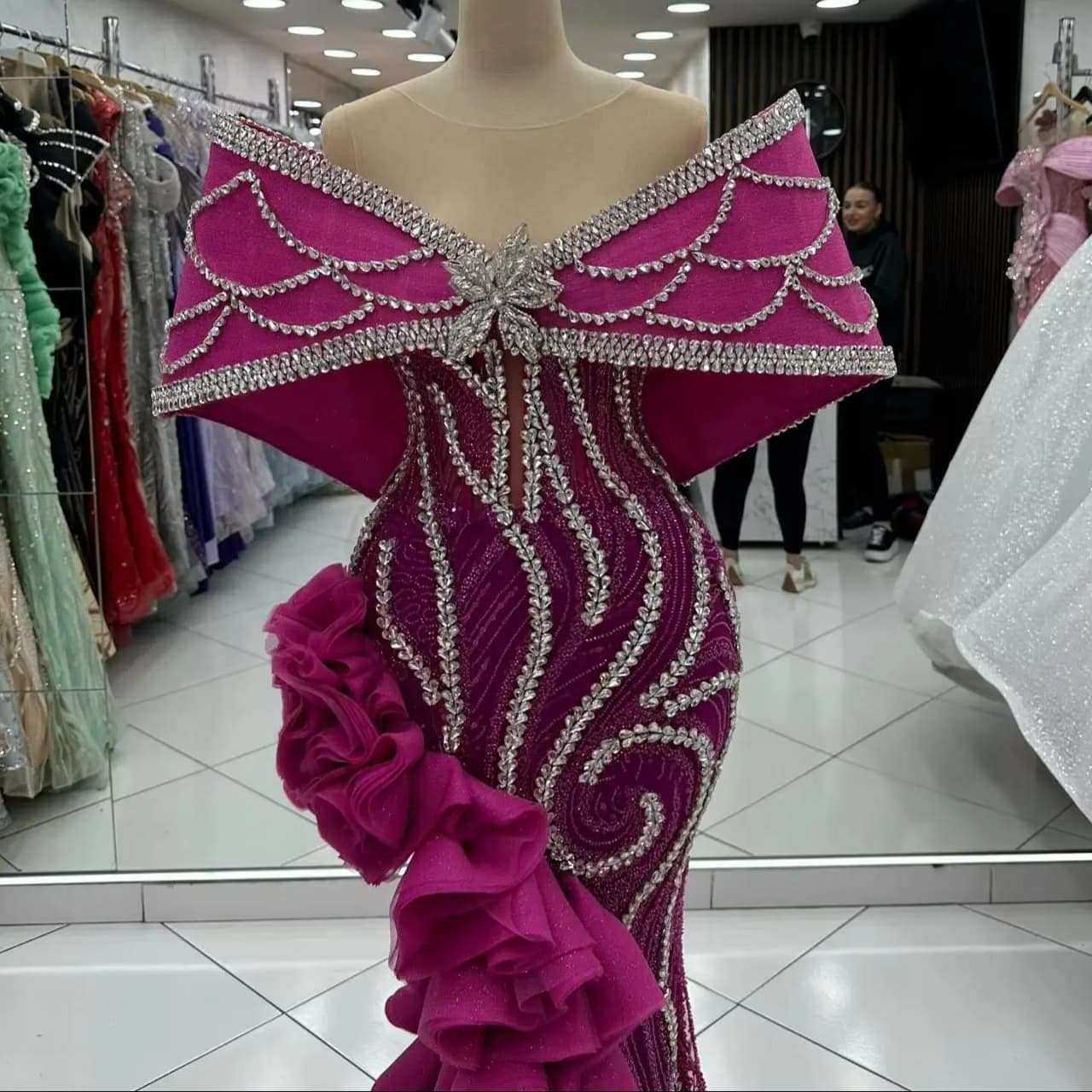 Customized Purple Ruffles Split Slit Prom Dresses Off Shoulder Arabic Party Dress Sparkle Crystals Women's Formal Evening Gown