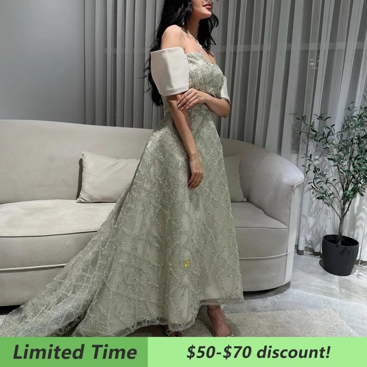 Sharon Said Saudi Arabia A-line Sage Green Evening Dresses for Wedding Dubai Beaded Midi Formal Party Gowns SS427 Customized