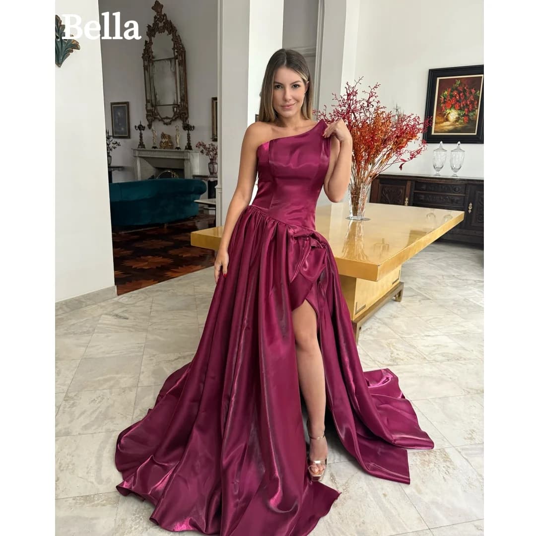Bella Customized Satin High Slit Robes De Soirée Strapless Large Skirt Hem Party Dresses Elegant Floor Length Evening Prom Dress