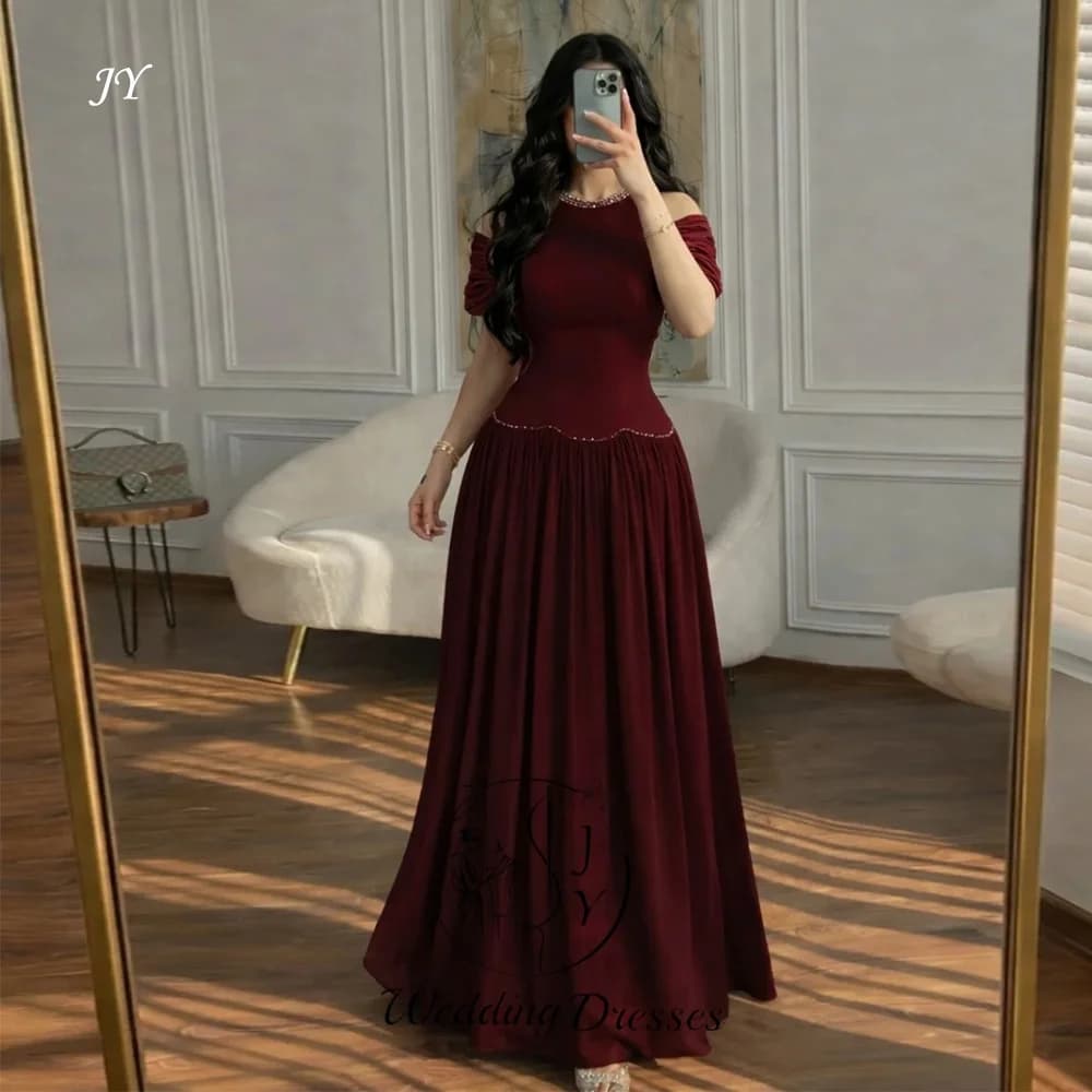 JY Elegant Burgundy Beading A-Line Arabic Evening Dresses Customized Chiffon Skirt Women Party Dress Formal Celebrity Gowns