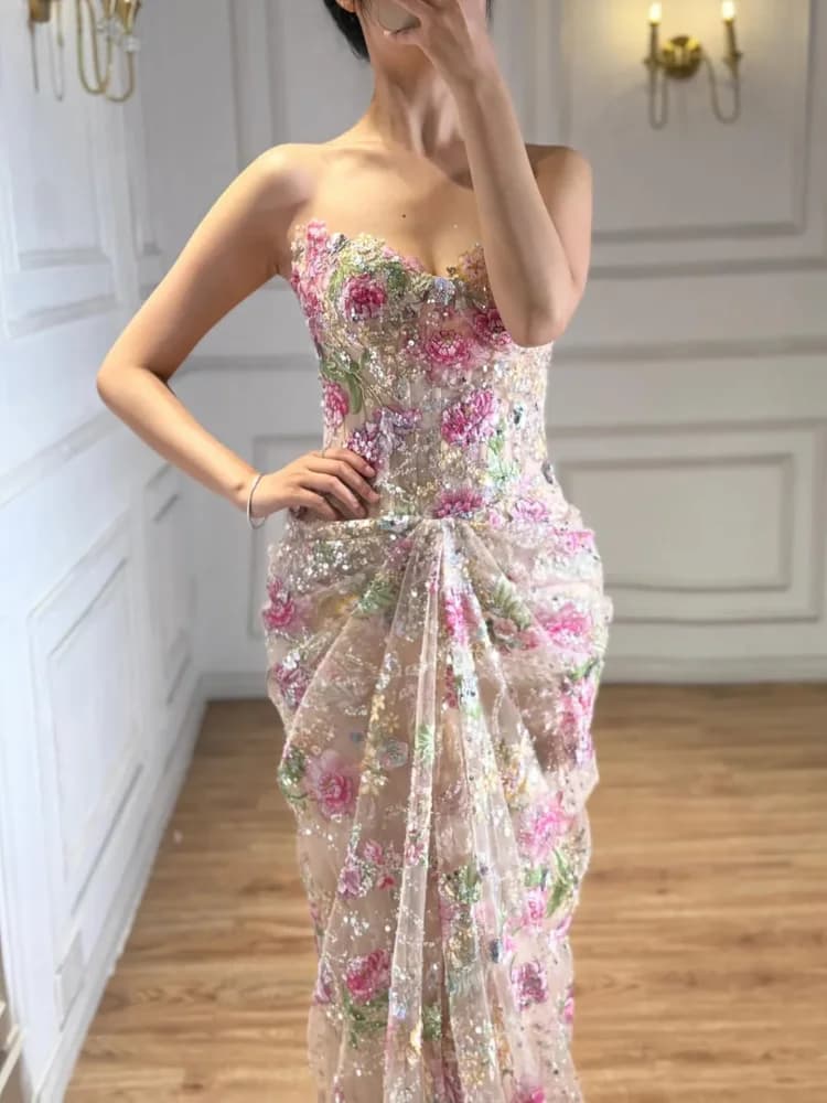 2026 Luxury Pink 3D Flower Strapless Beaded Mermaid Evening Dress Arabic  Formal Wedding Party Customizedشارون سعيد فساتين سهره