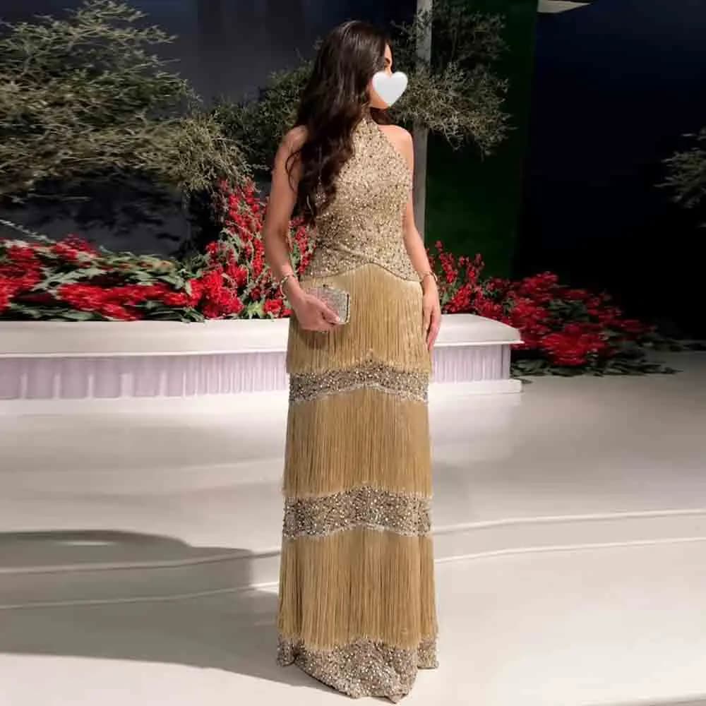 Customized Halter Neck Beaded Fringe Evening Dress Tiered Tessel A Line Wedding Guest Party Gown Floor Length Formal Outfit