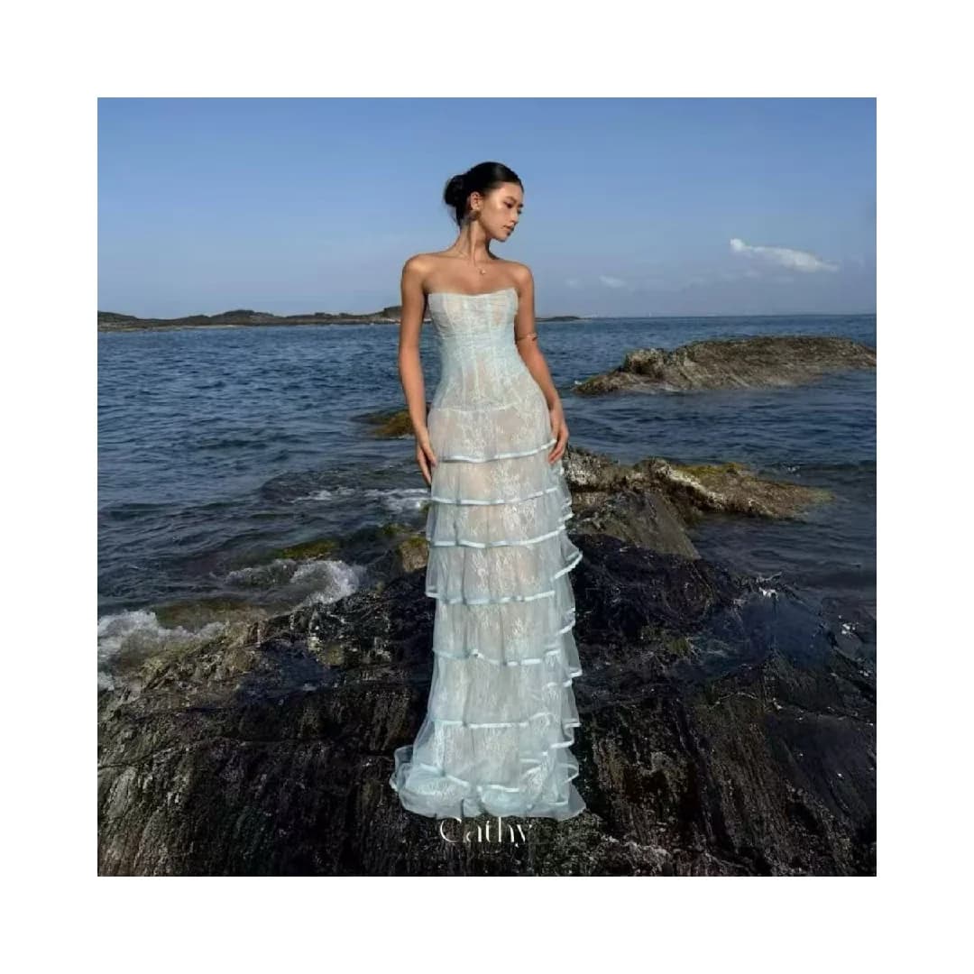 Cathy Customized Sky Blue Tiered Ruffles Lace Prom Dress Elegant Strapless Illusion vestidos de noche Floor-Length Formal 2026