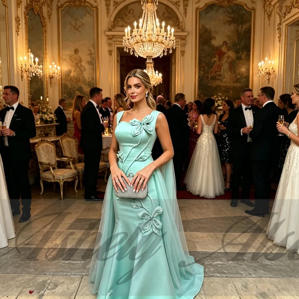 AA139 Turquoise Women's Formal Special Occasion Dresses Jewel Handmade Flower Mermaid Satin Evening Wedding Party Gown Custom
