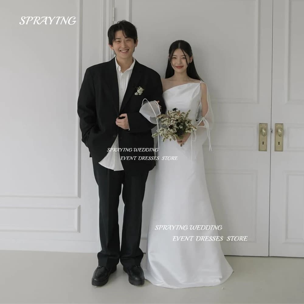 SPRAYING Simple One Shoulder Korea Wedding Dress Photo Shoot A Line Soft Satin Bridal Gown Floor Length 웨딩드레스 Customized