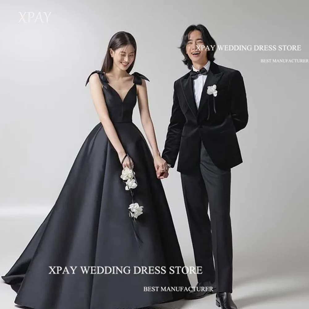 XPAY Modern Black Wedding Party Evening Dresses A Line Customized Spaghetti Strap Formal Prom Gown Satin Wedding Photos Shoot
